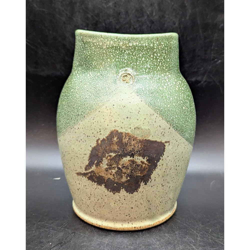 Vintage Studio Art Pottery Green Stoneware Vase Handmade 6.5" Signed CR‎